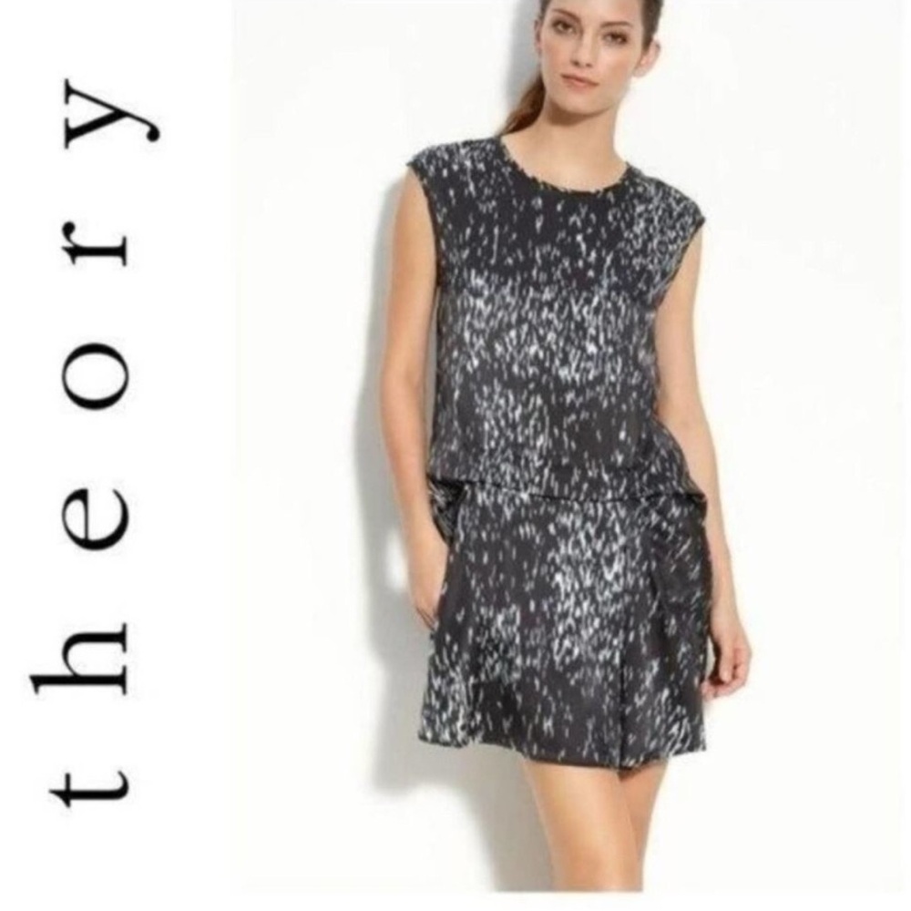 Theory Silk Drop Waist Mini Dress – Size 0, Black w/ Blue & White Print